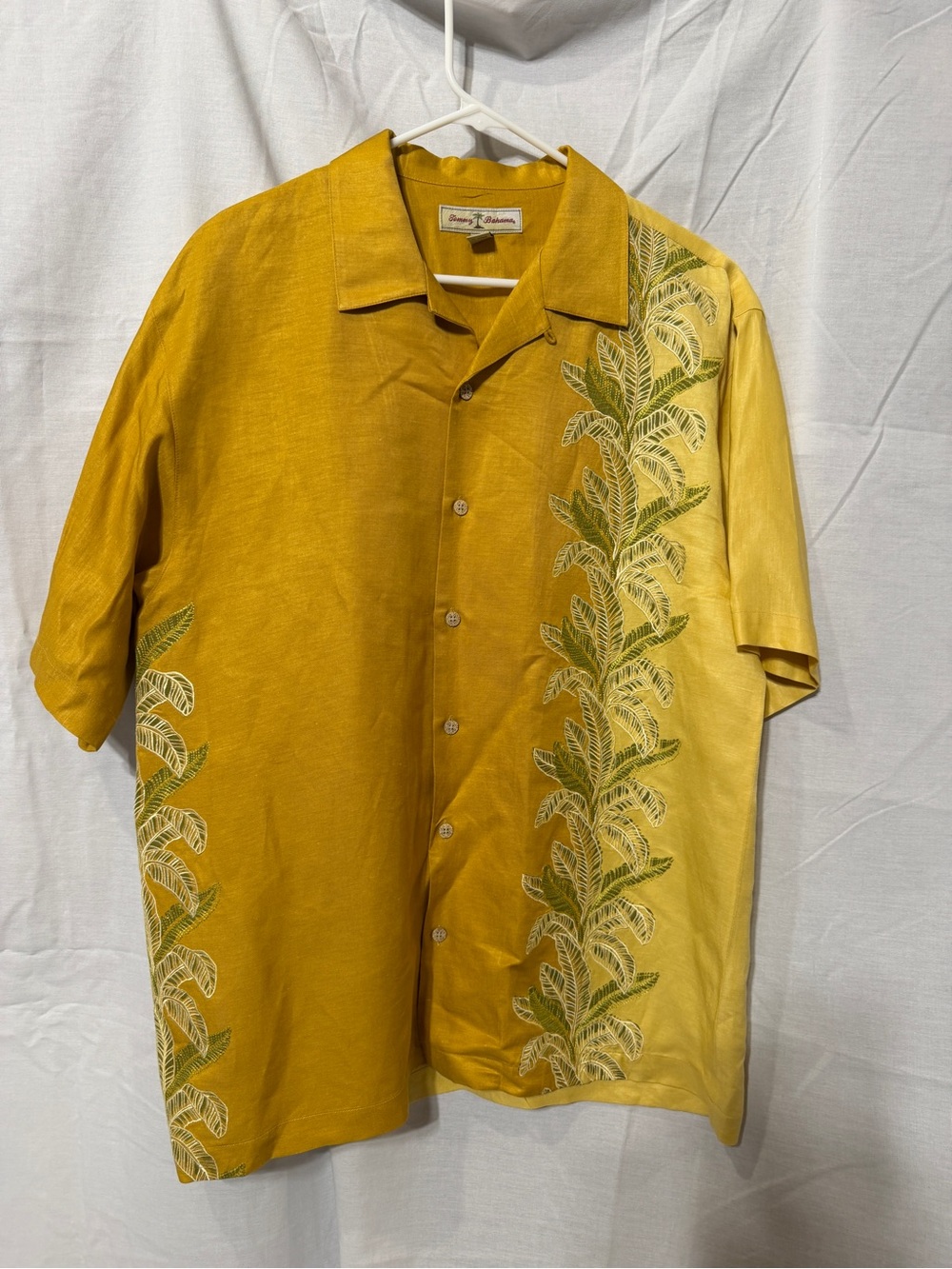 Tommy Bahama Two-Tone Golden Yellow Button-Down with Green Leaf Embroidery